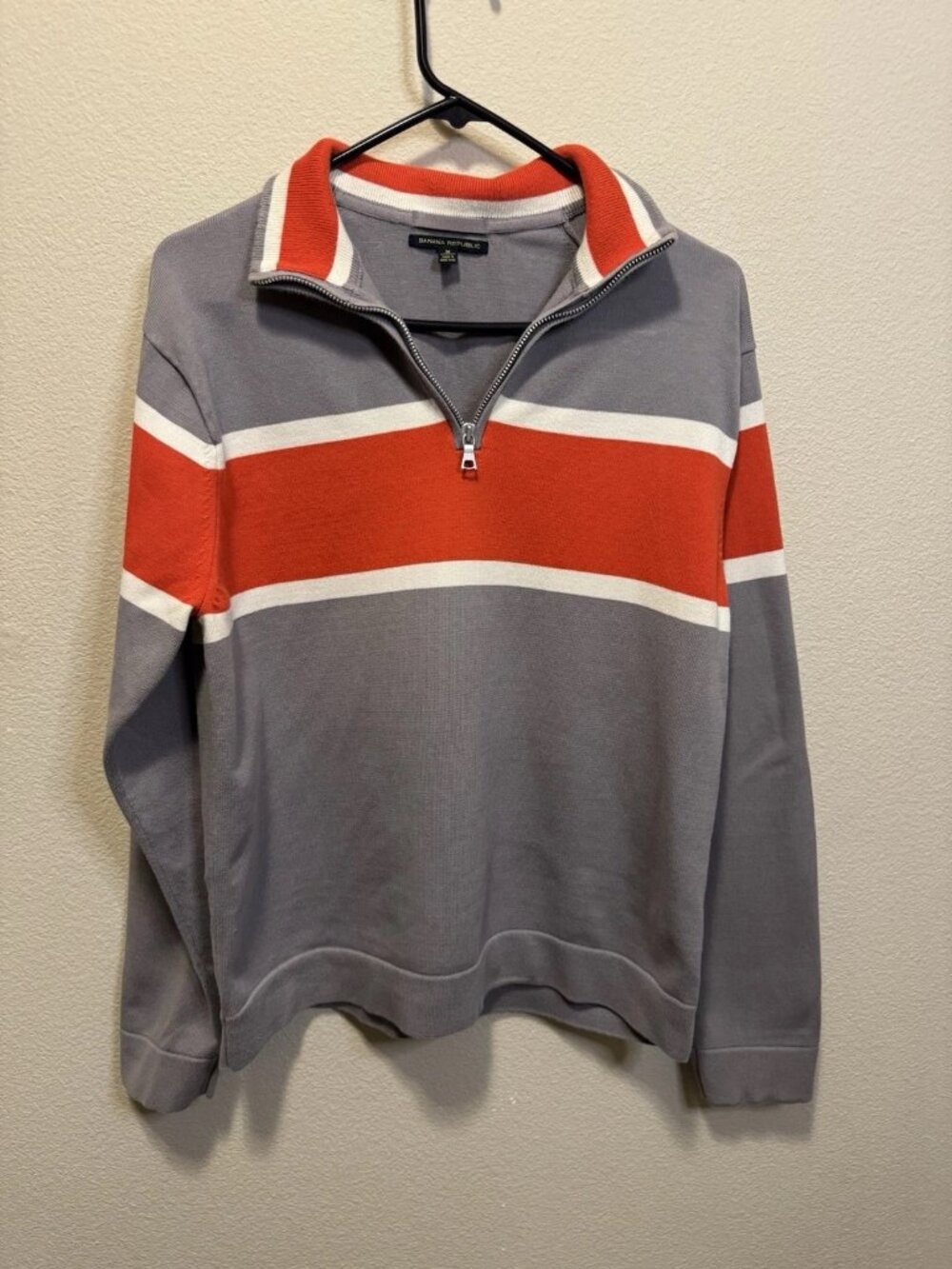 Banana Republic Quarter Zip Sweater Gray Orange Stripe Cotton Blend Medium